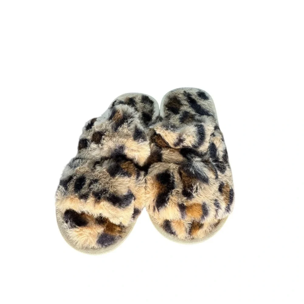 Fuzzy Leopard Slippers - Cozy Open Toe Slides‎ - Kids Size 26-27